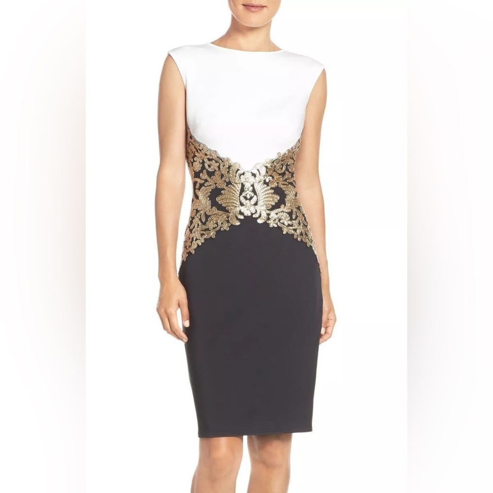 ❤️Tadashi Shoji Giza Neoprene Sequined Embro Lace Foil Cocktail Dress. Sz 12.